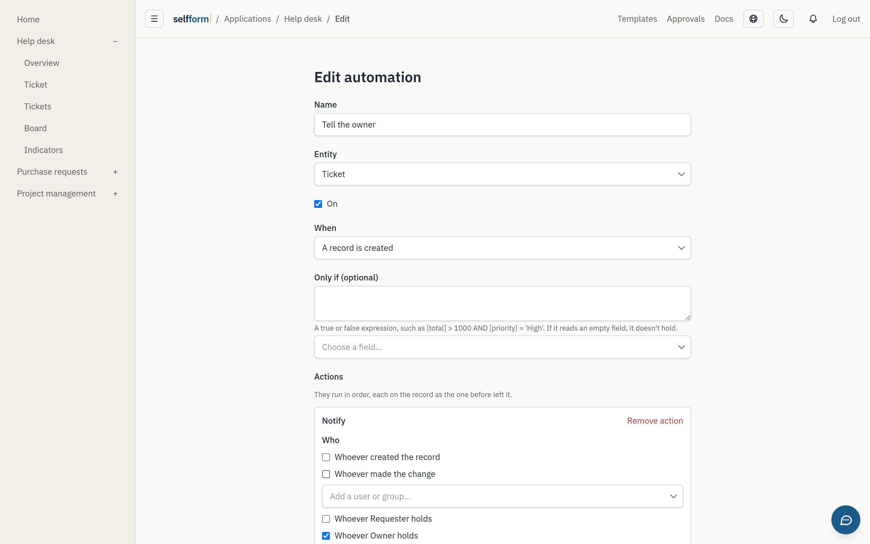An automation that tells a ticket's owner when it's created.