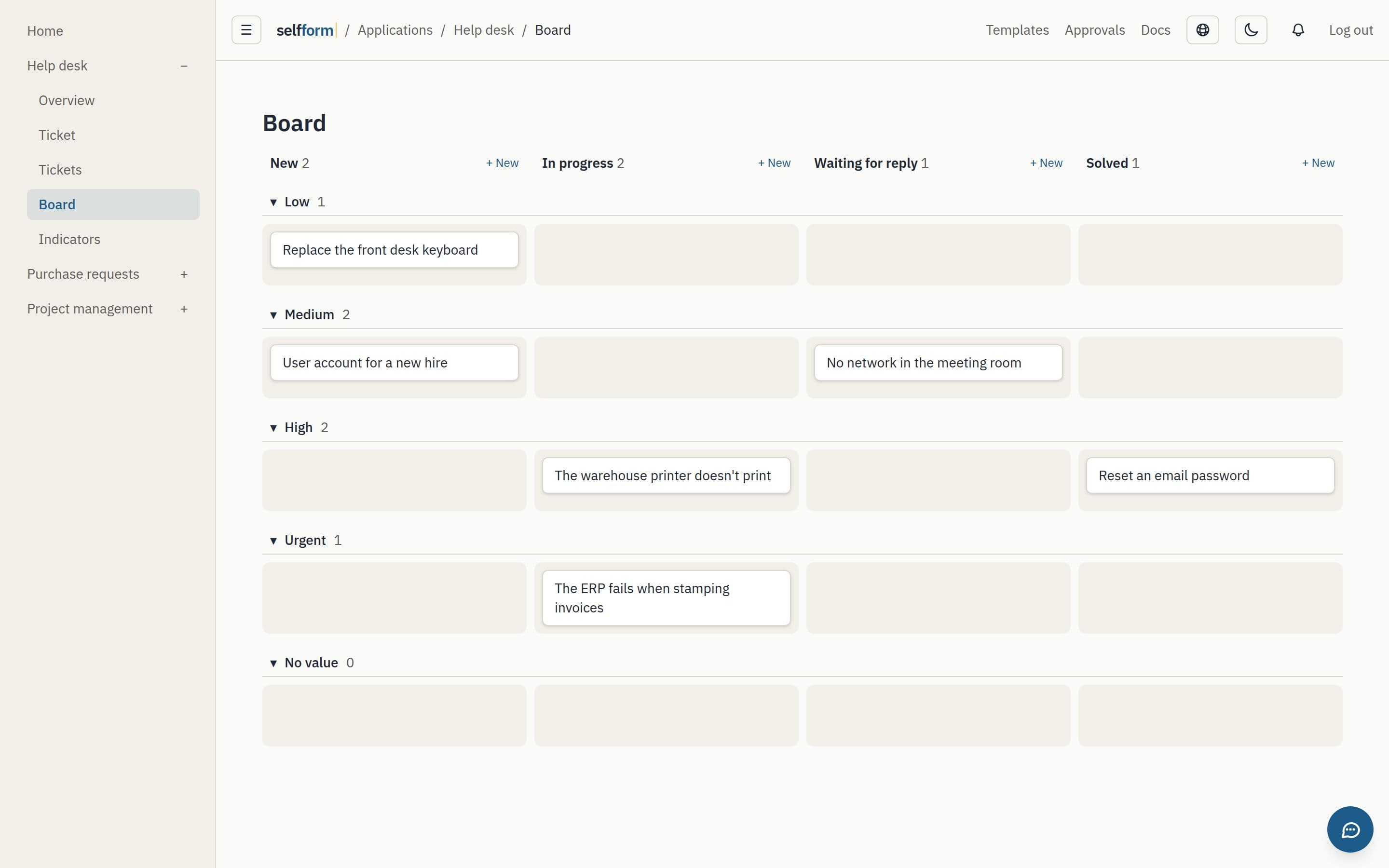 A help desk board with tickets by state and priority.