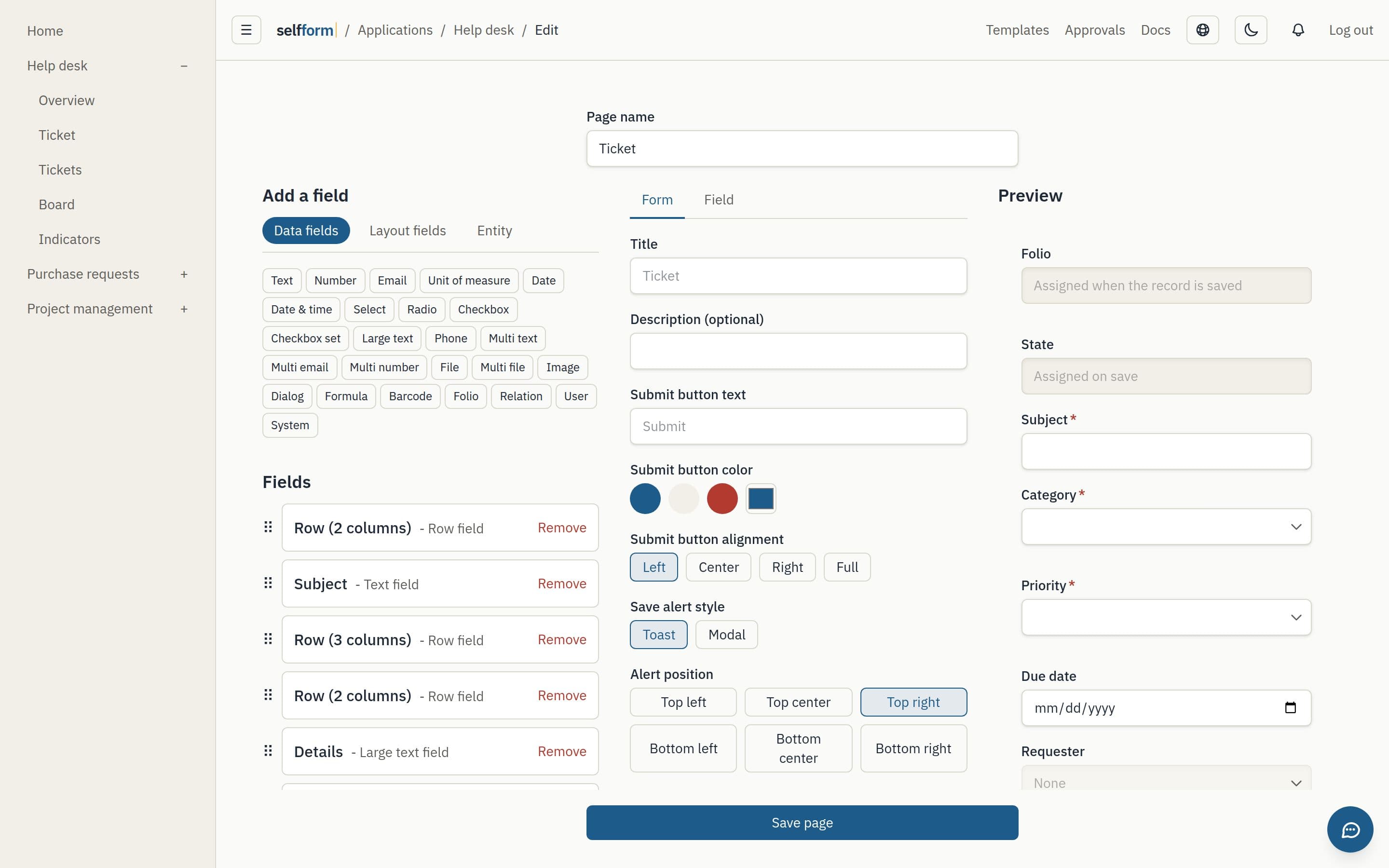 The form builder: fields to add on the left, their settings in the middle and a live preview on the right.