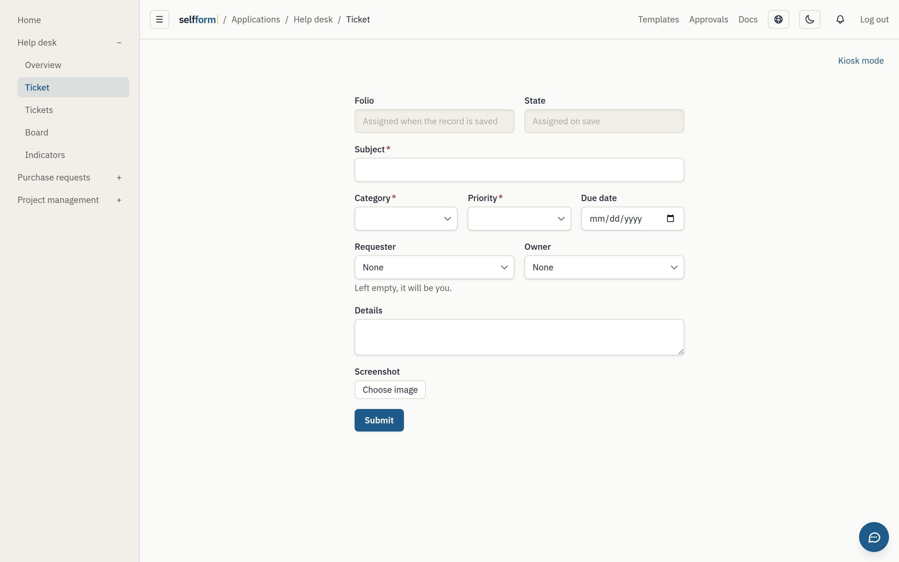 A help desk ticket form, ready to fill out.