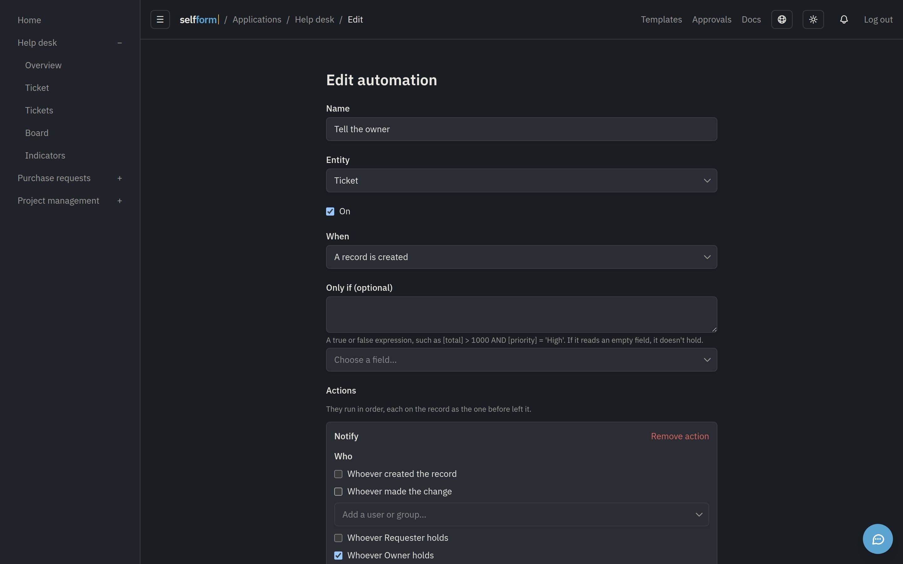 An automation that tells a ticket's owner when it's created.