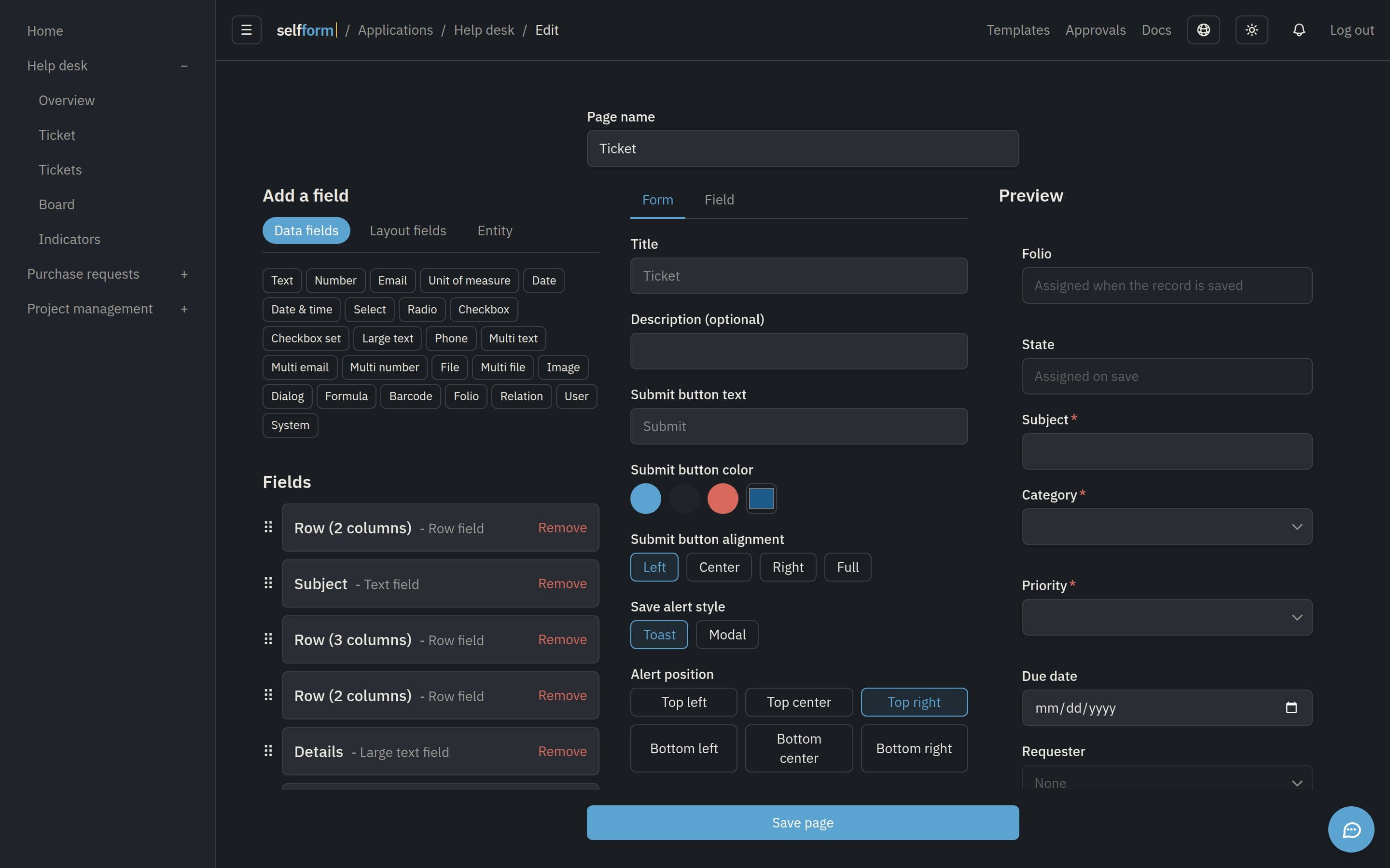 The form builder: fields to add on the left, their settings in the middle and a live preview on the right.